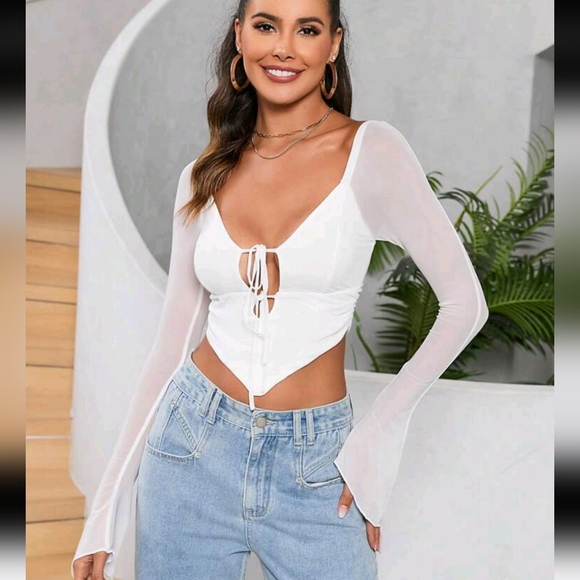 Flounce Sleeve  Tie Front Mesh top NWT - Picture 11 of 11